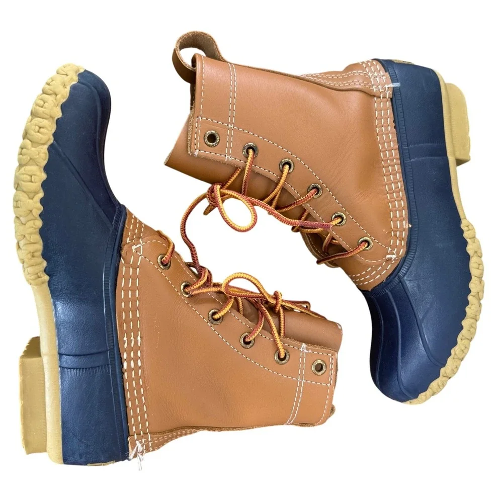 LL Bean Boots Tan Navy Blue‎ Leather Rubber Waterproof Duck Boots 6M Narrow USA